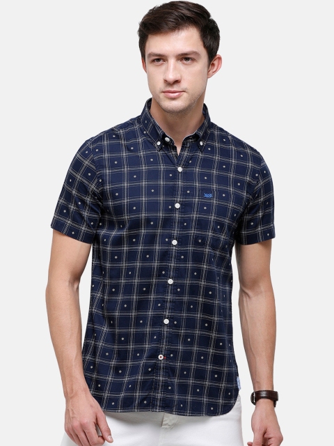 

Double Two Men Blue Slim Fit Windowpane Checked Casual Shirt