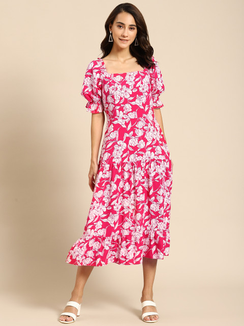 

COVER STORY Pink & White Floral A-Line Midi Dress