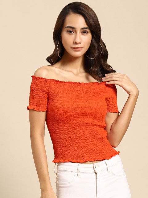 

COVER STORY Orange Off-Shoulder Regular Crop Top