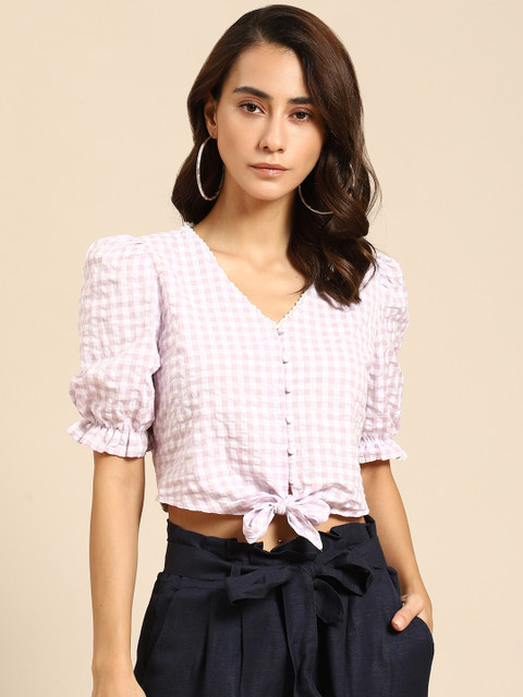 

COVER STORY Lavender & White Checked Regular Crop Top