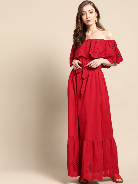 

COVER STORY Women Red Ethnic Motifs Embroidered Pure Cotton Off-Shoulder Maxi Dress