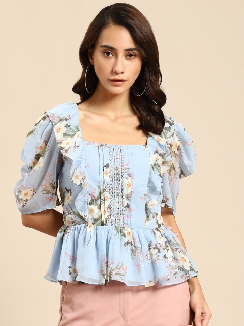 

COVER STORY Blue Floral Peplum Top