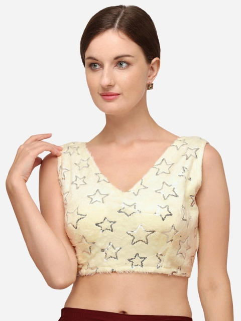 

Fab Dadu Cream-Coloured Sequinned Embellished Readymade Saree Blouse