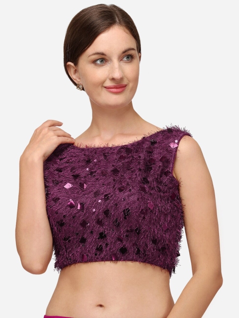 

Fab Dadu Purple Sequinned Embroidered Readymade Cotton Saree Blouse