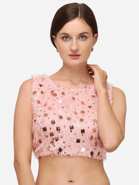 

Fab Dadu Women Pink & Gold-Coloured Sequence Embroidered Cotton Readymade Saree Blouse