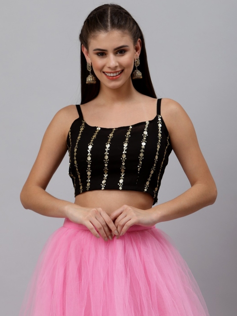 

studio rasa Black & Gold-Toned Embellished Embroidered Georgette Fitted Crop Top