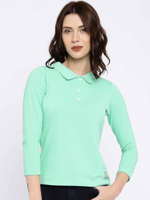 

CULT FICTION Women Sea Green Solid Polo T-shirt
