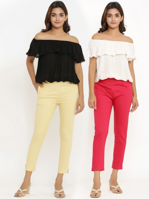 

ANAISA Women Pack of 2 Beige & Pink Slim Fit Trousers