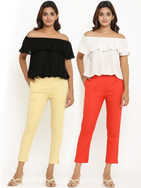 

ANAISA Women Pack of 2 Beige & Red Slim Fit Trousers