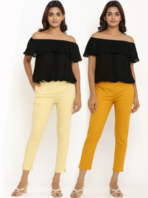 

ANAISA Women Pack of 2 Beige & Mustard Yellow Slim Fit Trousers