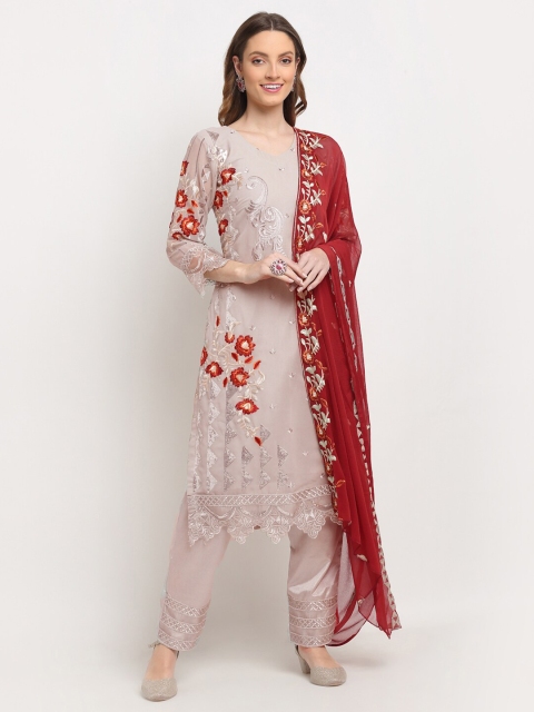

Stylee LIFESTYLE Beige & Maroon Embroidered Semi-Stitched Dress Material, Grey