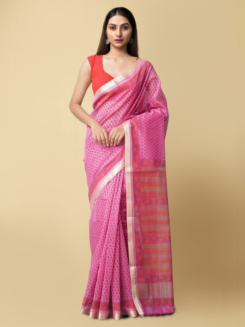 

Unnati Silks Pink & Orange Floral Silk Cotton Chanderi Saree