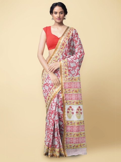

Unnati Silks Red & White Floral Pure Cotton Dabu Saree