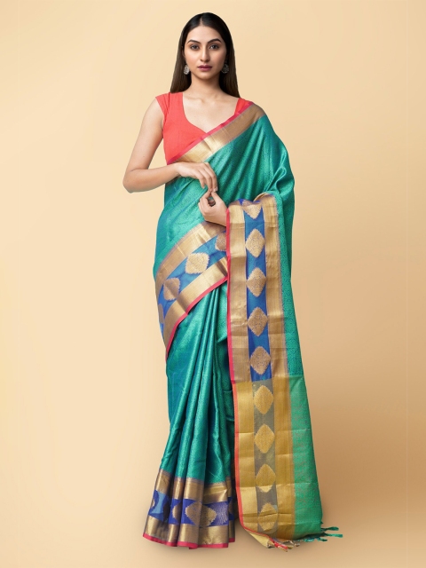 

Unnati Silks Green & Gold-Toned Woven Design Art Silk Patola Saree