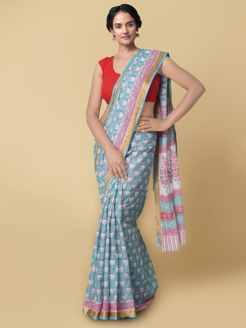 

Unnati Silks Women Turquoise Blue & White Pure Block Printed Mulmul Cotton Sustainable Saree