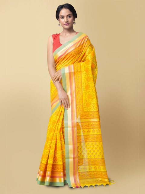 

Unnati Silks Yellow & Orange Floral Silk Cotton Chanderi Saree