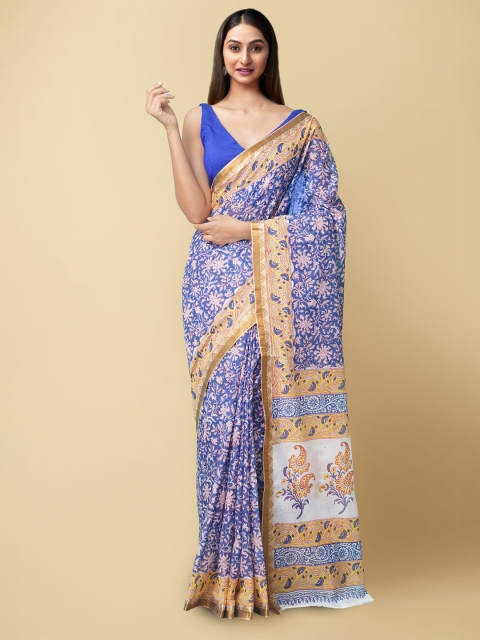 

Unnati Silks Women Blue & White Pure Block Printed Mulmul Cotton Sustainable Saree