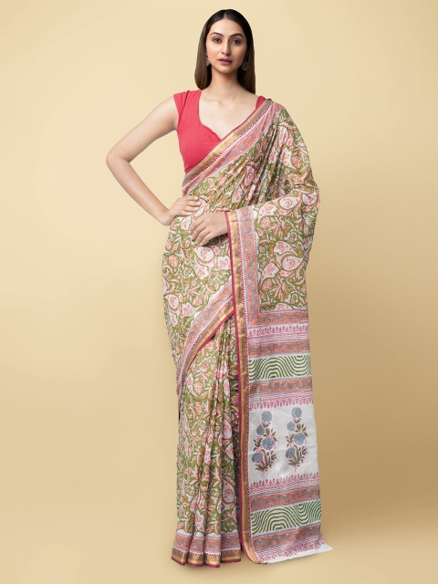 

Unnati Silks Green & Cream-Coloured Floral Pure Cotton Dabu Saree