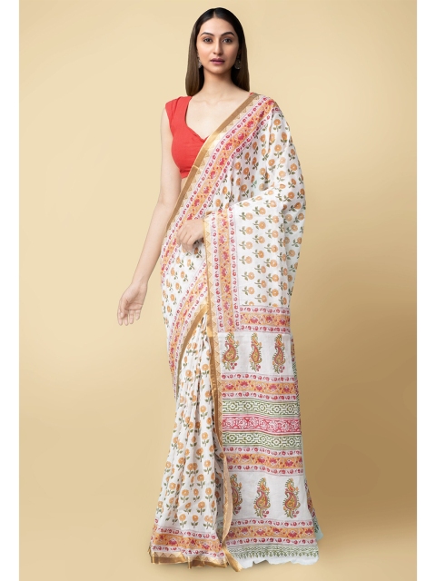 

Unnati Silks Cream-Coloured & Pink Floral Pure Cotton Dabu Saree