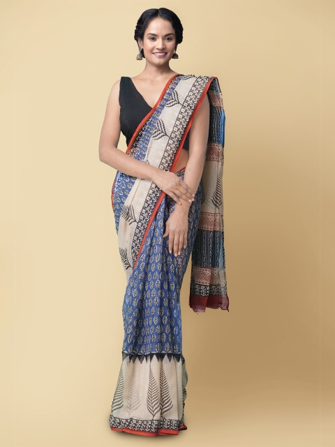 

Unnati Silks Women Blue & Beige Pure Preet Bagru Kota Cotton Sustainable Saree