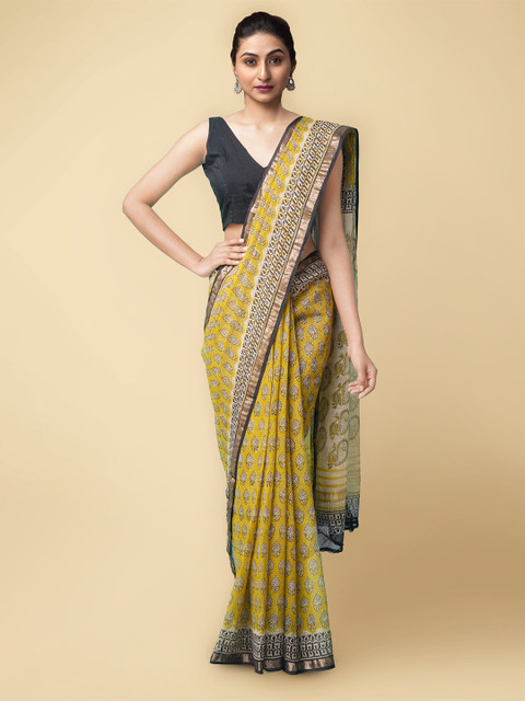 

Unnati Silks Women Yellow & Black Pure Preet Bagru Kota Cotton Sustainable Saree