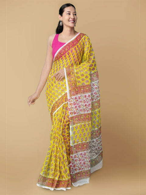 

Unnati Silks Yellow & Pink Ethnic Motifs Pure Cotton Kota Saree