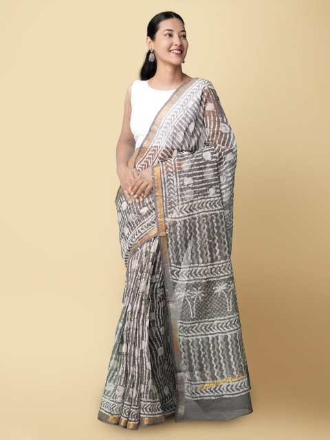 

Unnati Silks Women Grey & White Pure Preet Dabu Kota Cotton Sustainable Saree