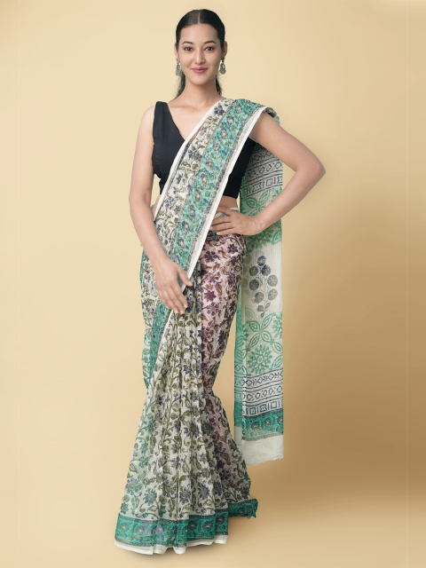 

Unnati Silks Women Off White & Green Pure Hand Block Printed Kota Cotton Sustainable Saree