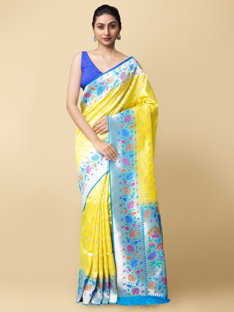 

Unnati Silks Yellow & Blue Woven Design Silk Cotton Banarasi Saree