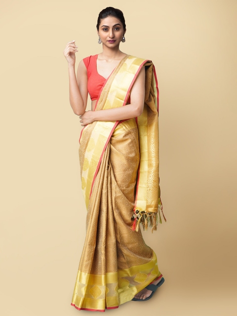 

Unnati Silks Cream-Coloured & Gold-Toned Woven Design Art Silk Patola Saree