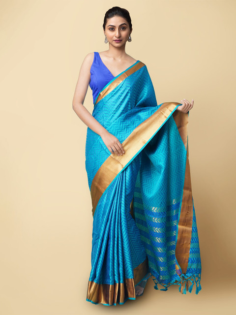 

Unnati Silks Blue & Gold-Toned Woven Design Art Silk Patola Saree