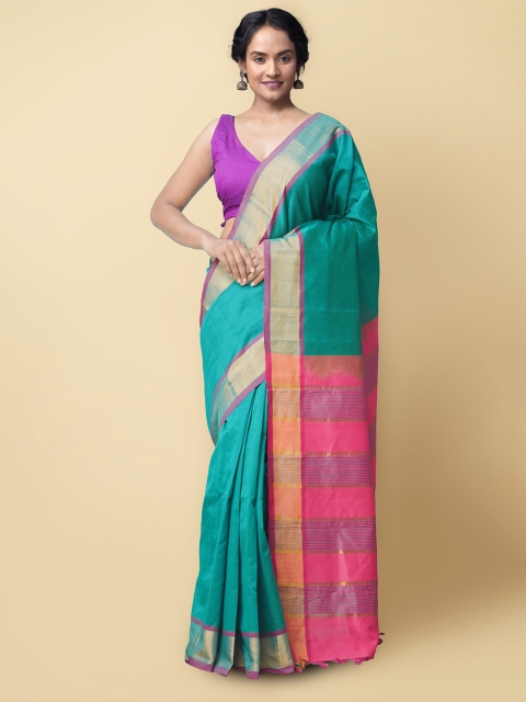 

Unnati Silks Green & Pink Woven Design Silk Cotton Uppada Saree