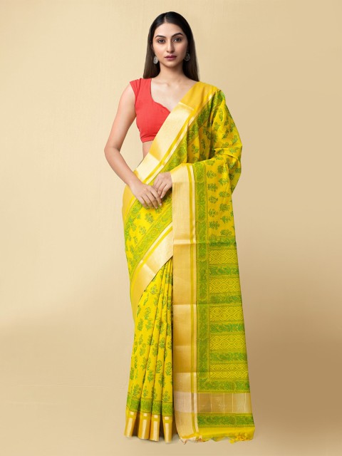 

Unnati Silks Yellow & Green Ethnic Motifs Silk Cotton Chanderi Saree