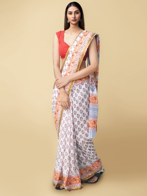 

Unnati Silks Women Cream-Coloured & Blue Pure Block Printed Mulmul Cotton Sustainable Saree