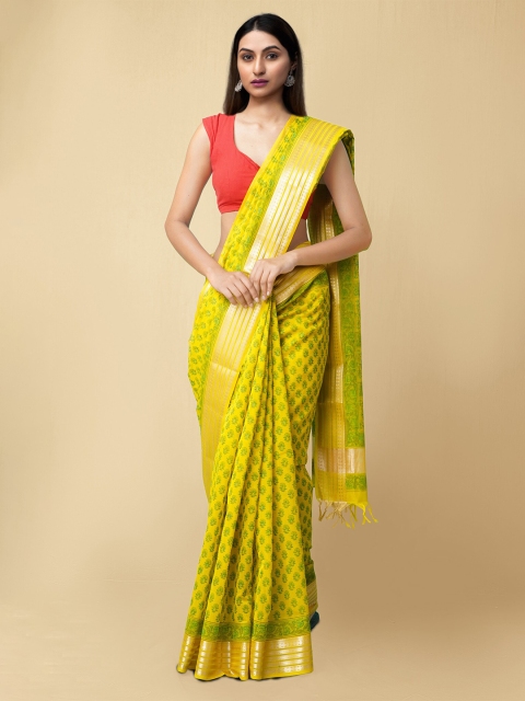 

Unnati Silks Green & Yellow Floral Printed Silk Cotton Chanderi Saree