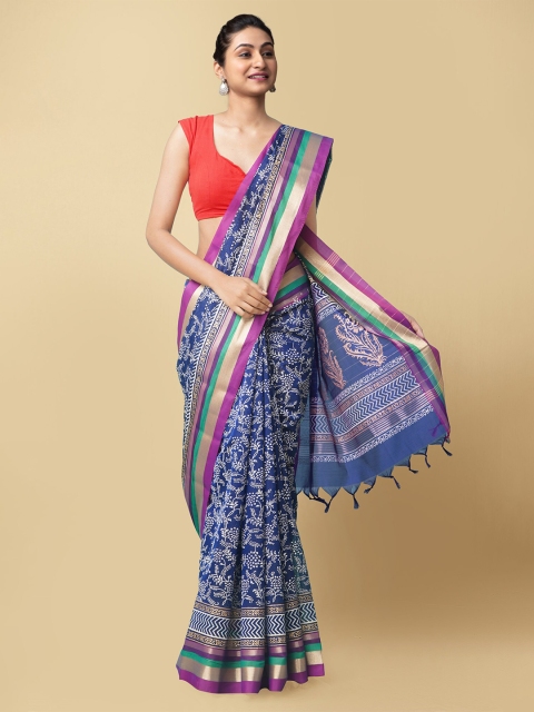 

Unnati Silks Blue & Purple Floral Printed Silk Cotton Chanderi Saree