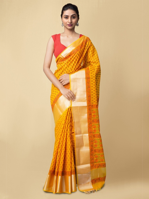 

Unnati Silks Women Yellow & Orange Pure Vrinda Chanderi Sico Sustainable Saree