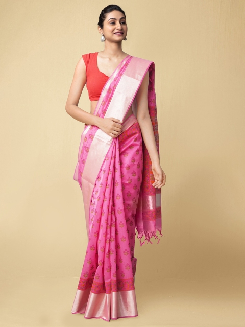 

Unnati Silks Pink & Green Floral Printed Silk Cotton Chanderi Saree