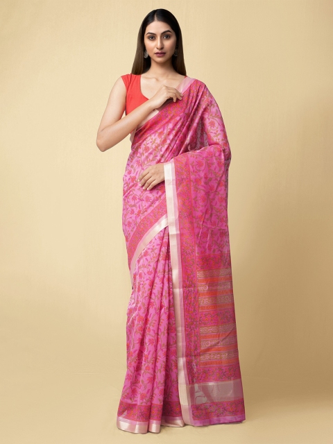 

Unnati Silks Pink & Green Floral Printed Silk Cotton Chanderi Saree