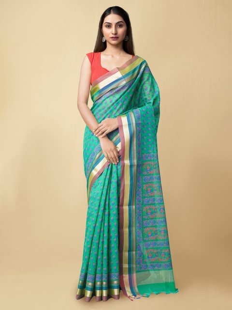 

Unnati Silks Green & Blue Floral Printed Silk Cotton Chanderi Saree