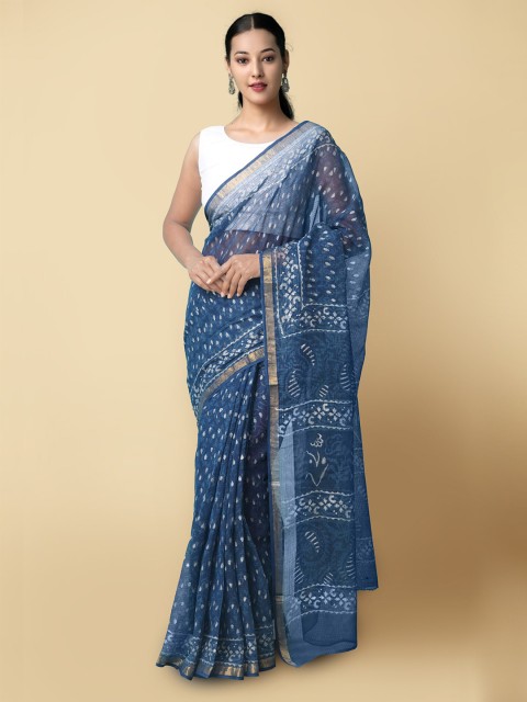 

Unnati Silks Blue & Off White Printed Dabu Pure Cotton Kota Saree
