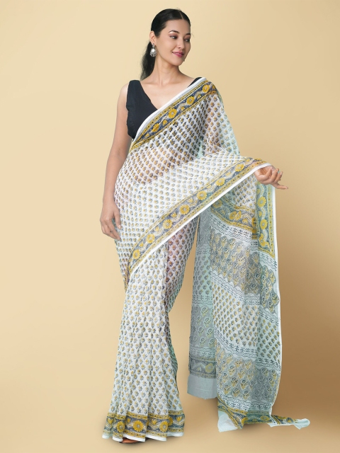 

Unnati Silks Women Cream-Coloured & Yellow Pure Hand Block Printed Kota Cotton Sustainable Saree