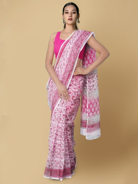 

Unnati Silks White & Pink Ethnic Motifs Printed Pure Cotton Kota Saree