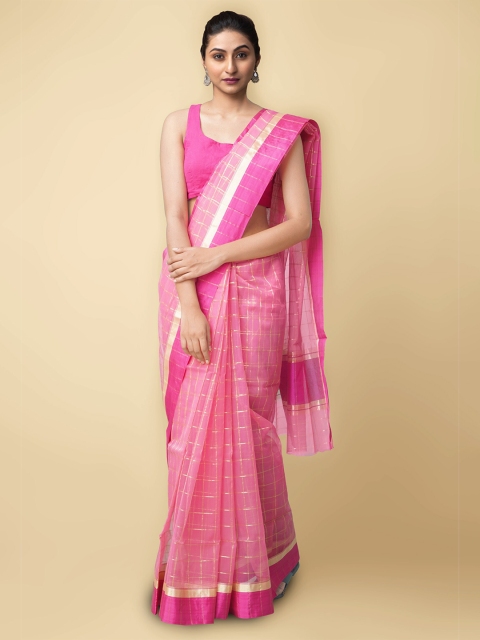 

Unnati Silks Pink & Gold-Toned Checked Organza Murshidabad silk Saree