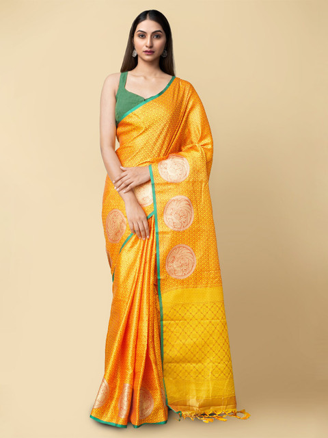 

Unnati Silks Orange & Green Woven Design Art Silk Patola Saree