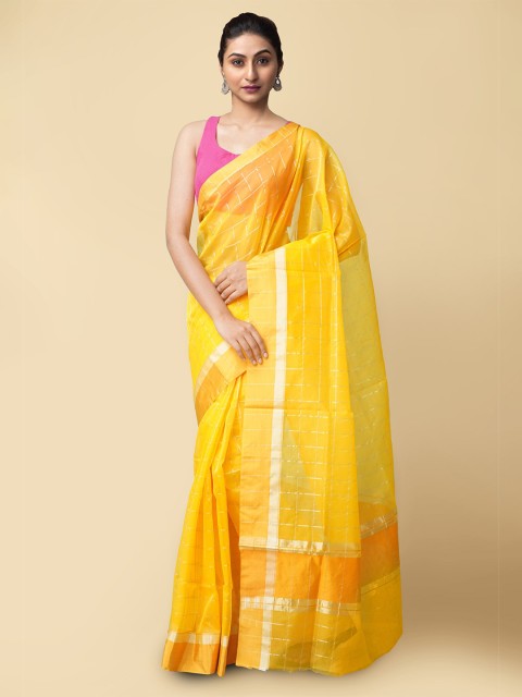 

Unnati Silks Yellow & Gold-Toned Checked Organza Murshidabad silk Saree