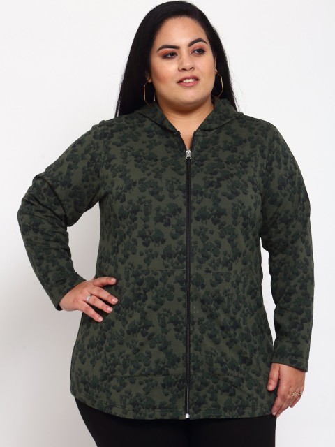 

plusS Women Olive Green Printed Hooded Sweatshirt
