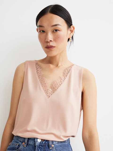 

H&M Women Pink V Neck Top with Lace
