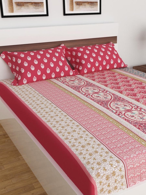 

Home Centre Pink & White Ethnic Motifs 3 King Bedsheet with Pillow Covers