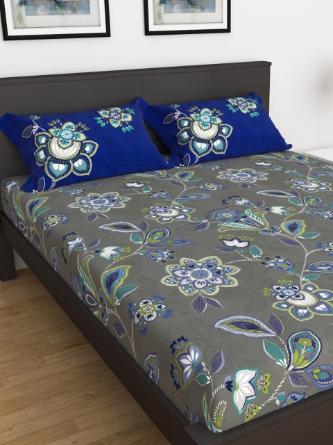 

Home Centre Grey & Blue Floral King Bedsheet with Pillow Covers